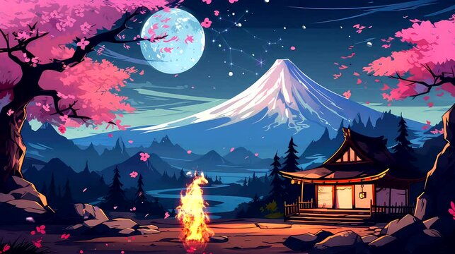 Anime background video japanese temple at night, fuji mount, sakura, cherry blossom bonfire, looping footage scenery 4k quality