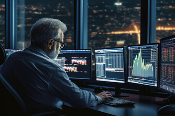 Economist and executive man in investment and brokerage company in computer room and screens.