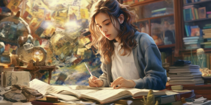Young beautiful girl, studying on her computer, teenager's room background. AI Generative