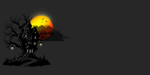 Halloween theme background: an old haunted house on Halloween night. Full moon covered by dark clouds