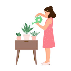 .Happy kid watering flowers in the pot with watering can Household chores and routine. Flat vector illustration.