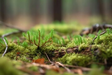 Woodland Serenity: A Bokeh Panorama of Moss-Covered Ground and the Tree's Canopy