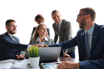 Young modern businessmen in formalwear shaking hands and smiling while working on a transparent background