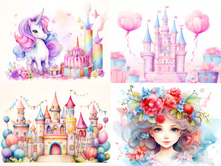Girls birthday party clipart set with castles, unicorns, balloons.  Clipart for crafts, cards, invitations, art projects.  