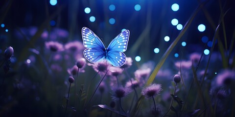 Butterfly in the grass on a meadow at night in the shining moonlight on nature in blue and purple tones, macro. Fabulous magical artistic image of a dream, copy space
