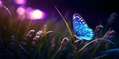 Butterfly in the grass on a meadow at night in the shining moonlight on nature in blue and purple tones, macro. Fabulous magical artistic image of a dream, copy space