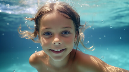 Fototapeta na wymiar Happy children swimming underwater and having fun. generative AI