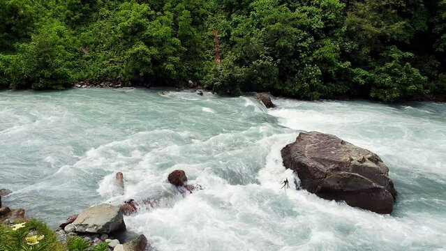 Water river landscape blue sky mountains forests water roads and greenery in beautiful destination of kashmir.