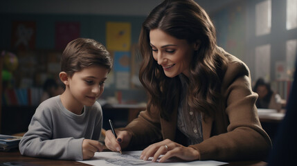 Teacher Young Woman and Young Boy Student Working Together in Classroom. Concept of Learning, Teaching, Class, education, and school.