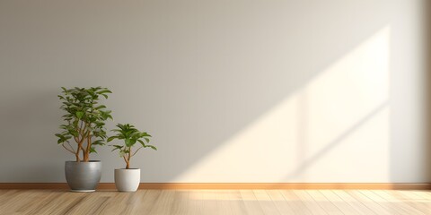 Light gray wall and and a wooden floor with a potted plant with interesting light glare. Empty background interior for the presentation