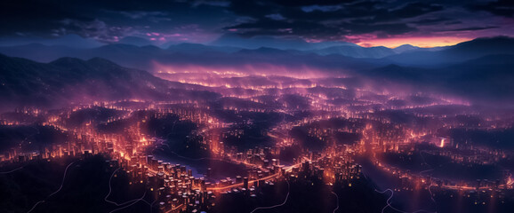 Naklejka premium a mesmerizing urban landscape where the future meets artistry. Vivid purple and pink tones create a striking ambiance, enhanced by a digital line network and web effect generative AI.