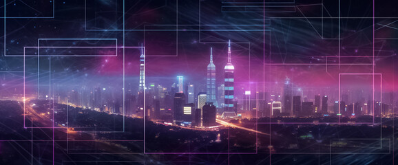 Obraz premium a mesmerizing urban landscape where the future meets artistry. Vivid purple and pink tones create a striking ambiance, enhanced by a digital line network and web effect generative AI.