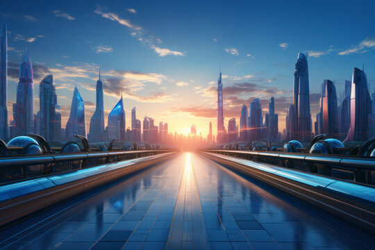 empty street with skyscrapers