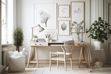 Design a Scandinavian inspired environment for your home office, complete with a chic chair, a wooden desk, a ladder, a laptop computer, a commode, attractive accents, and mock up poster frames. Elega