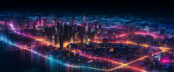 a mesmerizing urban landscape where the future meets artistry. Vivid purple and pink tones create a striking ambiance, enhanced by a digital line network and web effect generative AI.