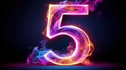 abstract background with neon numbers and clouds,number five glowing in the dark with colorful smoke.