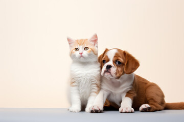 A photo of a cute puppy and kitten sitting close to each other. By Generative AI. 