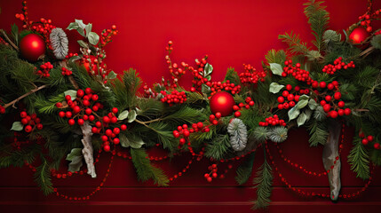 Fototapeta na wymiar line christmas garland of green spruce branches, decorations