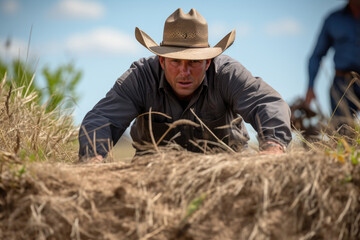 Naklejka na ściany i meble A man wearing a cowboy hat, working in a field