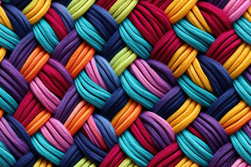 Fototapeta na wymiar Handmade seamless pattern of colored yarn threads, loops of yarn in a thread ornament, repeat multicolored Coarse knitting close-up texture. 3d render realistic illustration style.