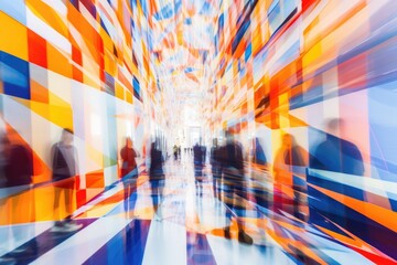Exhibition Hustle: Vibrant Business Blur in Dark Orange & Light Azure, Expressive Compositions