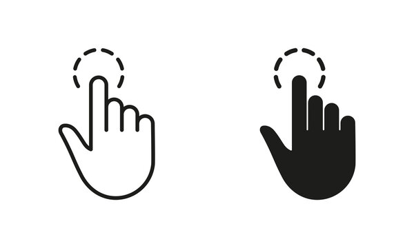 Touch Gesture, Hand Cursor for Computer Mouse Line and Silhouette Icon Set. Swipe, Click, Tap, Press, Point Sign Collection on White Background. Pointer Finger Pictogram. Isolated Vector Illustration