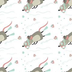Seamless pattern with funny snorkeling rat. Adorable mouse is engaged extreme water sports, diving underwater. Texture template, wallpaper. Printable banner, pattern background.