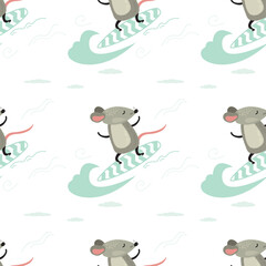 Seamless pattern with funny rat on surfboard. Adorable mouse is engaged extreme water sports, ocean surfing. Doodle texture template, wallpaper. Printable pattern background.