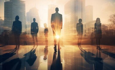 business people silhouette against a modern city skyline. Modern business team