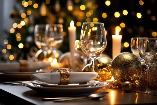 Christmas dinner table setting. Christmas home decoration. Generative AI