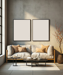 Two vertical frames art mockup living room brick wall art display
