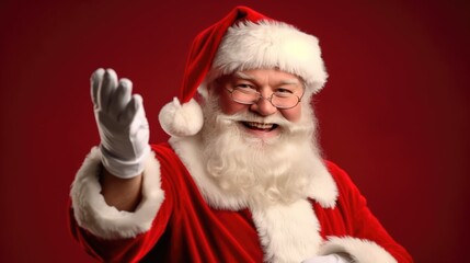 Happy Santa Claus waving on a red empty background. Generative AI