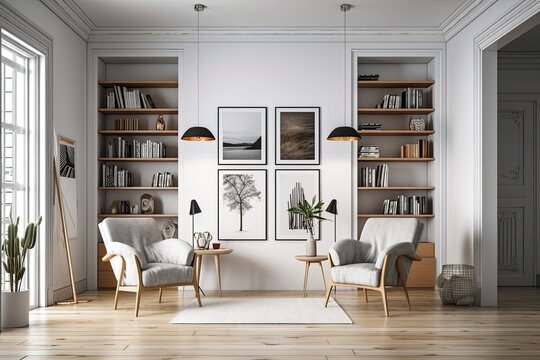 Interior of a chic living area, office lounge, or home library with white walls, a wooden floor, two cozy armchairs, and a bookcase made of gray and wood. fake vertical poster frame. Generative AI