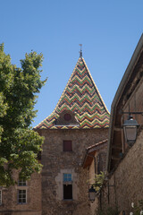 Fototapeta na wymiar Tour surmontée d'un toit en tuiles vernissées dans le village de Saint-Antoine l'abbaye (Isère)