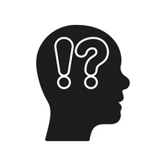 Human Head with Exclamation Point and Question Mark Silhouette Icon. Doubt Sign. Man Confused Glyph Pictogram. Curious Person Face in Profile View Solid Symbol. Isolated Vector Illustration