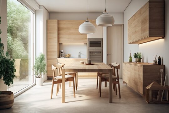 Interior kitchen corner with a dining table, long counter, and window in a white wall. wooden furnishings a mockup Toned picture. Generative AI