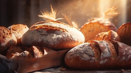
Delicious buns from the bakery. Various loaves, baguettes. Rye, buckwheat, bran, gluten-free, wheat buns Confectionery. private bakery in the shop. Showcase with pastries. Generative AI