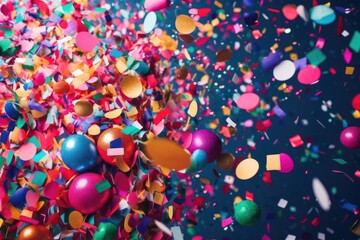 vibrant colorful exploding confetti and ballons on blurred blue background, Generative AI