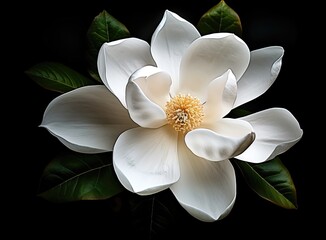 beautiful large white magnolia against a background of dark green leaves on a tree in spring day....