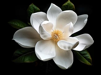 Gordijnen beautiful large white magnolia against a background of dark green leaves on a tree in spring day. Created with Generative AI technology. © lililia
