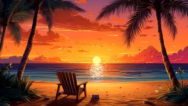 sunset video background  of beautiful view sunset beach with bonfire, chair, palm tree, sailboat orange color theme
