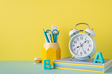 School supplies concept. Photo of stationery on blue desktop pencil holder alarm clock plastic...