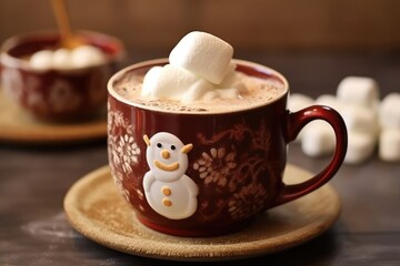 christmas decorated red cup of hot chocolate and marshmallow on wooden table on blurred background, generative AI