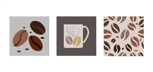 International Coffee day collection icon set. Coffee beans, coffee mug and  seamless coffee beans background . Three in one set. October 1. Global beverage.
