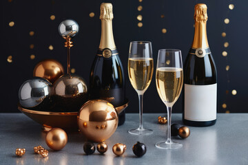glasses and bottles of champagne on a table with Christmas decorations on a blurred background, Generative AI