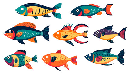 Fish icons set. Cute cartoon fish isolated on white. Vector illustration.