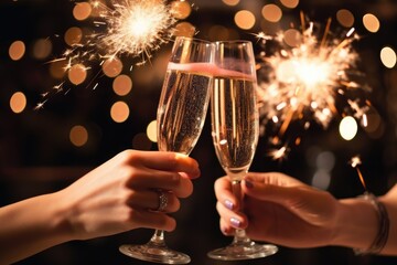 female hands holding champagne glasses on blurred background with lights and sparklers, close up view, Generative AI
