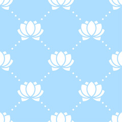 Fototapeta na wymiar White lotus flowers and dots on blue background seamless pattern. Best for textile, wallpapers, home decoration, wrapping paper, package and web design.
