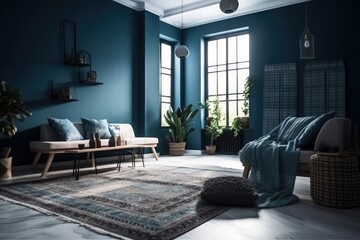 Interior of a contemporary blue living room with traditional blue, the 2020 interior design color of the year. Generative AI