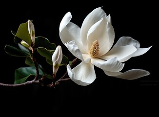 beautiful large white magnolia against a background of dark green leaves on a tree in spring day. Created with Generative AI technology.